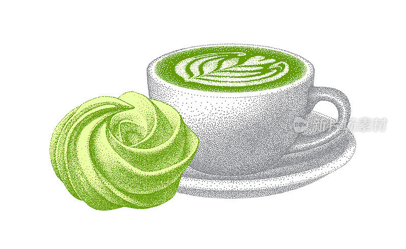 抹茶拿铁和甜蛋糕。绿茶加牛奶。甜点绿茶味。陶瓷杯碟。现实的草图。日本茶饮带甜味。