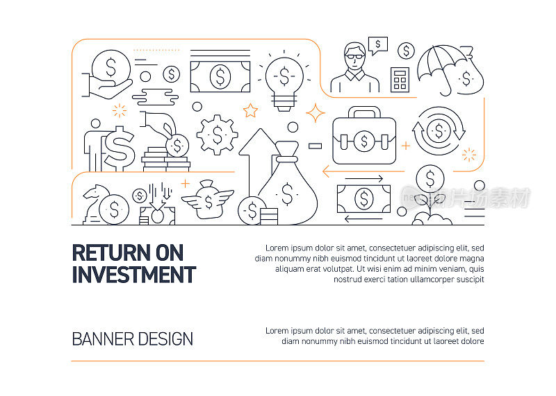 投资回报相关的矢量横幅设计概念，现代线条风格与图标