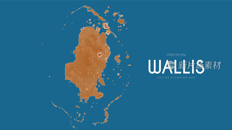 法国沃利斯地形图。海岛矢量详细高程图。地理优美的山水轮廓海报。