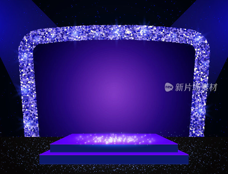 向量插图蓝色闪光和闪耀拱门背景与舞台讲台