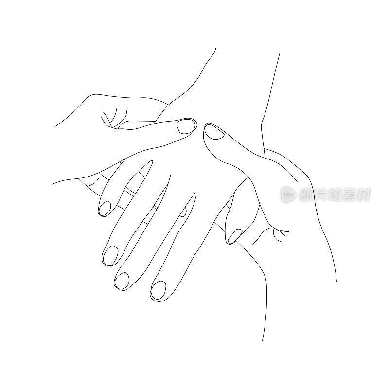 手部按摩的线条艺术轮廓，手部按摩的基本动作形象，手部和身体的健康，通过按摩护理女性手部的概念