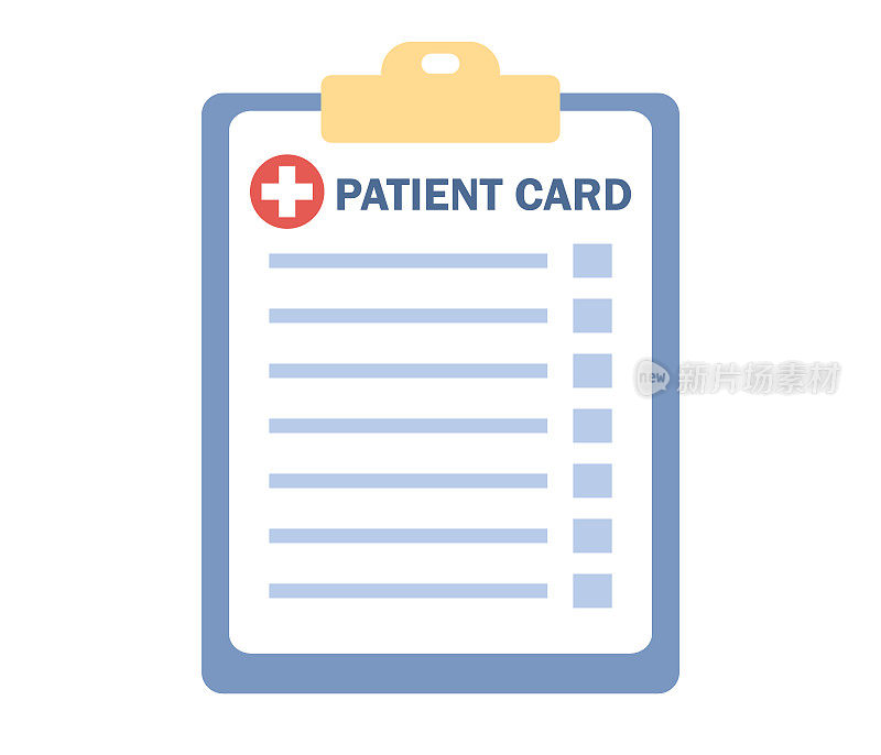 病人卡图标。有病人健康信息的医疗记录纸质文件。健康证、健康史及诊断。矢量平面插图