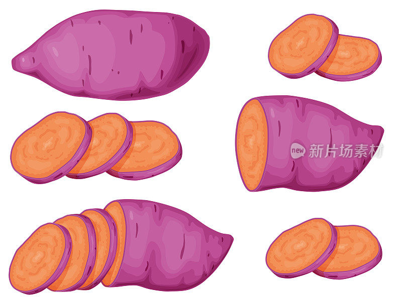 紫薯套餐。冲绳山药红薯。健康食品的概念。