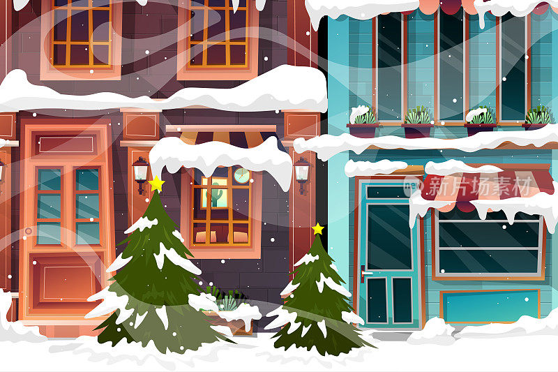 矢量插图的城市景观冬季风景与圣诞树和雪人在降雪。
