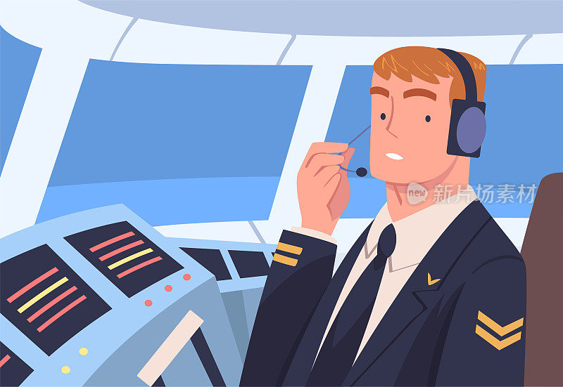 人飞机飞行员或飞行员坐在机舱内控制面板矢量插图