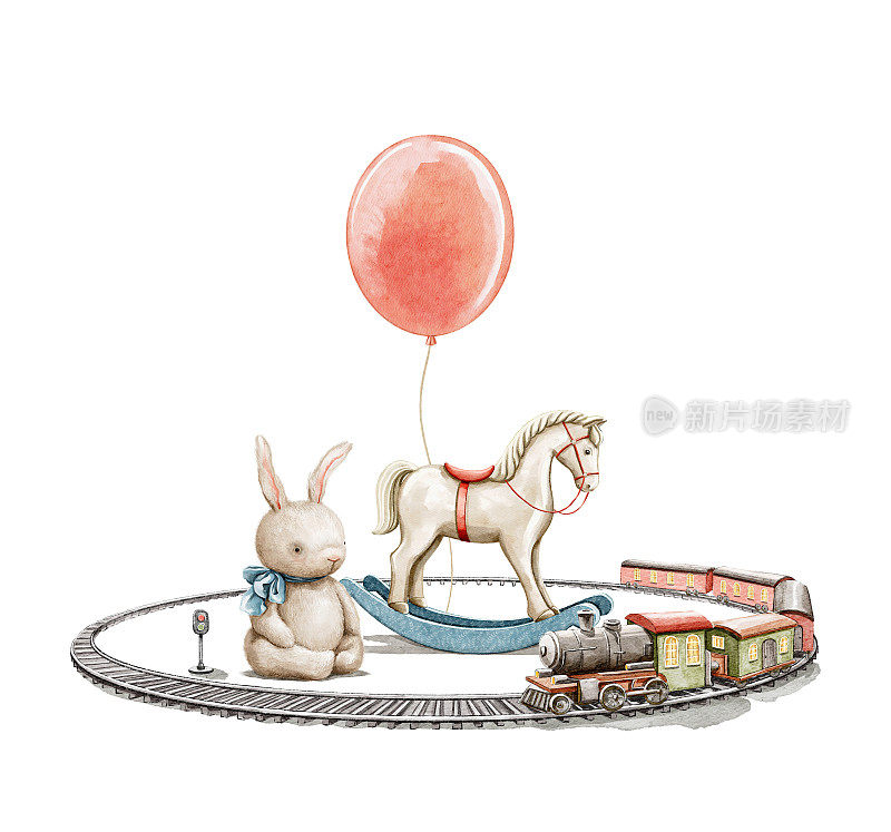 水彩复古卡通摇摆可爱的马玩具，充气橡胶气球，儿童铁路和毛绒兔子