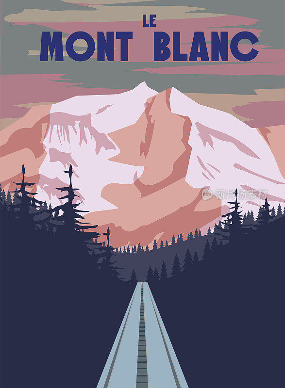 勃朗峰滑雪场海报，复古。阿尔卑斯山冬季旅游卡