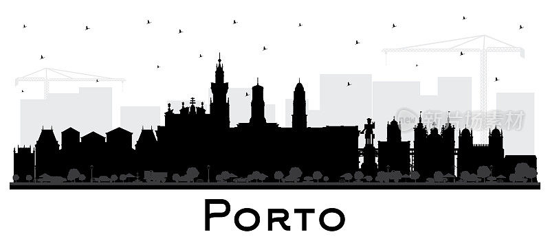 波尔图葡萄牙城市天际线剪影与白色上孤立的黑色建筑。
