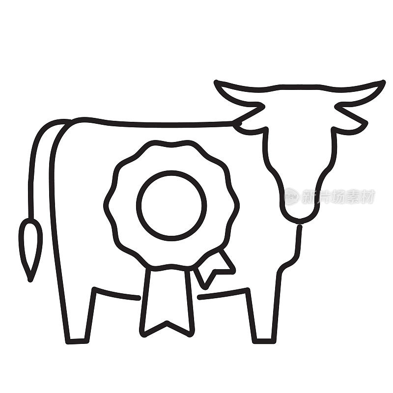 牛评判与丝带获奖的细线图标在白色背景-可编辑的笔画