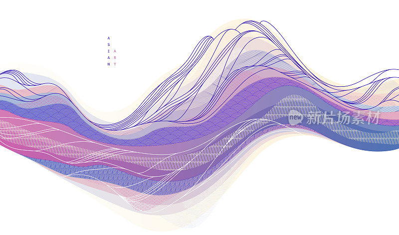 抽象的东方日本艺术矢量背景，传统风格的设计，波浪形状和山峦地形景观，流水似海线。