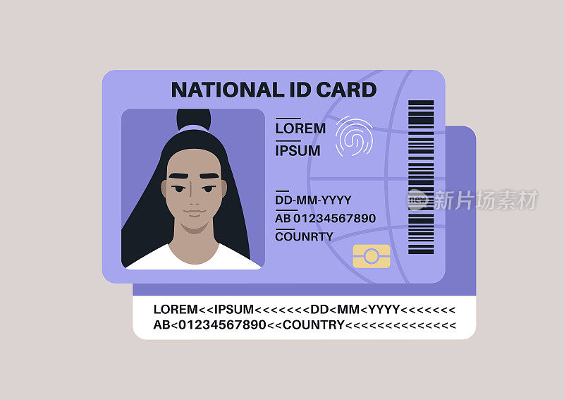 一张国民身份证模板，一名年轻的亚裔女性