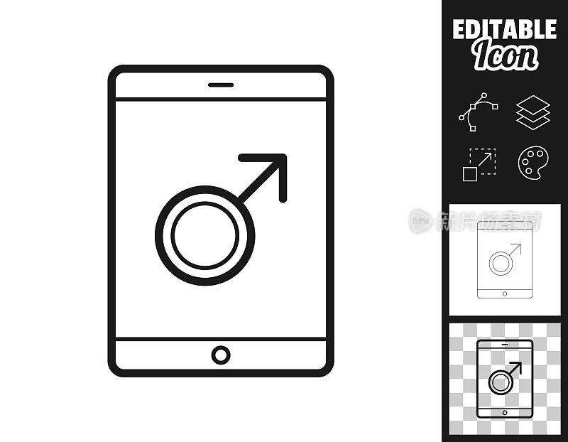 带有男性符号的平板电脑。图标设计。轻松地编辑