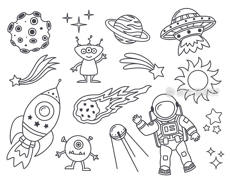 涂鸦的空间包。手绘宇宙集合。探索集。宇航员，火箭，行星，太阳