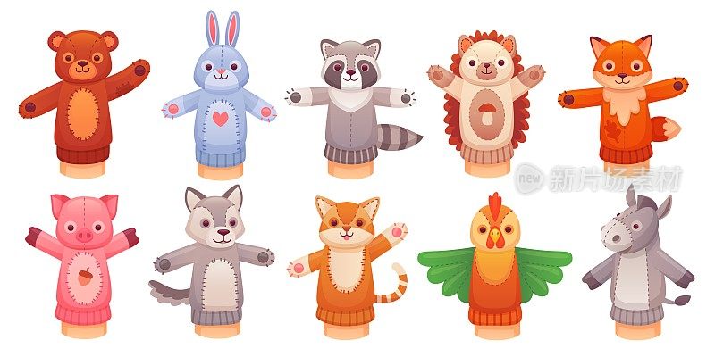 布袋木偶玩具。有趣的动物玩具从袜子为玩偶表演剧院的木偶，儿童玩手或手指在幼儿园泰迪熊狐狸兔子，巧妙的矢量插画