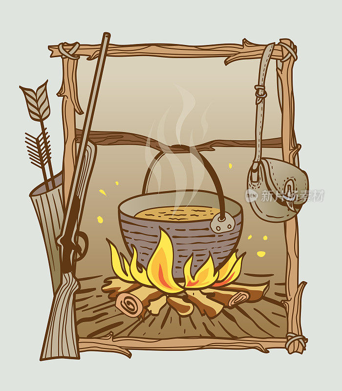 猎人的静物:枪，箭，包和锅与肉汤的火