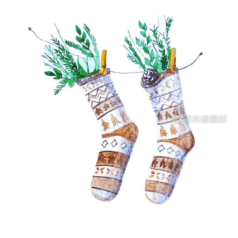 水彩圣诞袜与礼物，圣诞树枝斯堪的纳维亚风格元素的透明背景