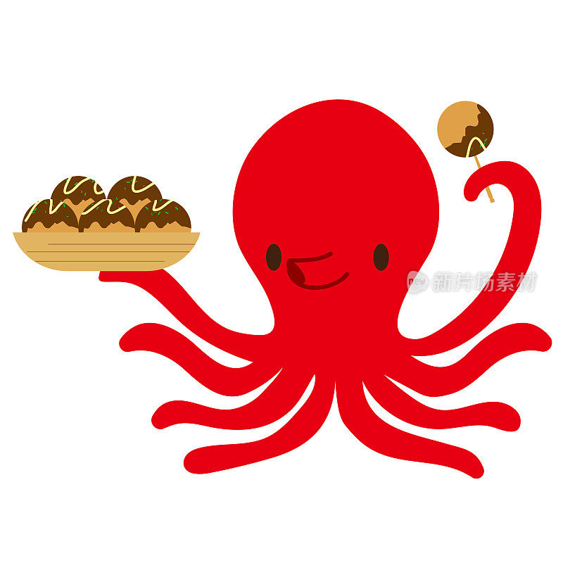一只章鱼试图吃章鱼烧的可爱插画。