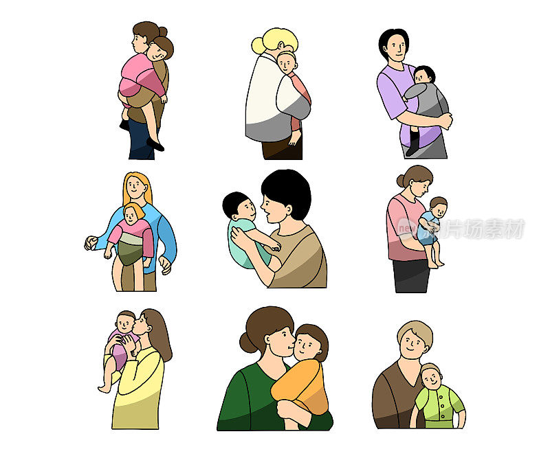 全家福与孩子合影，父母、爷爷奶奶抱着宝宝给予关爱，拥抱亲吻脸颊。父母把孩子抱在怀里，孩子睡着了。儿童在婴儿车里很安全。保险。