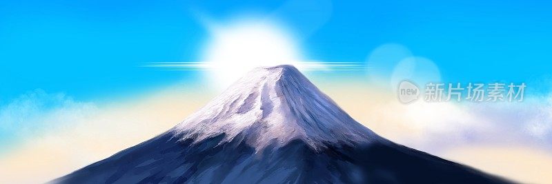 宽尺寸景观插图，新年的第一个日出和美丽的日本富士山在白色背景