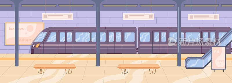 火车站或地铁，空旷的室内有长凳可以坐着等待。火车交通出行，通勤快捷。平面漫画，矢量插图