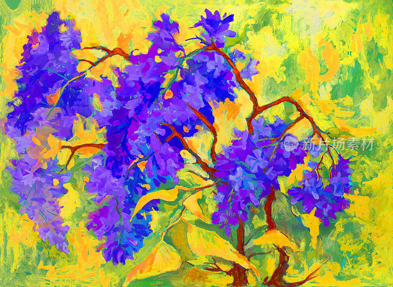 插图油画横向风景的紫丁香花丛