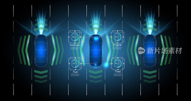 智能汽车在路上行驶，无人驾驶汽车，俯视图。ADAS，其系统。