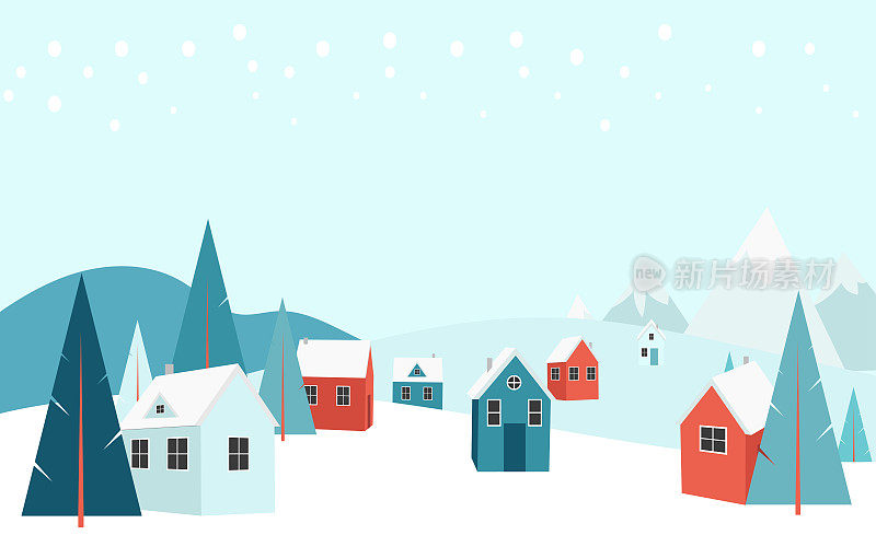 冬日的风景有雪，舒适的房子和松树，小hygge村庄
