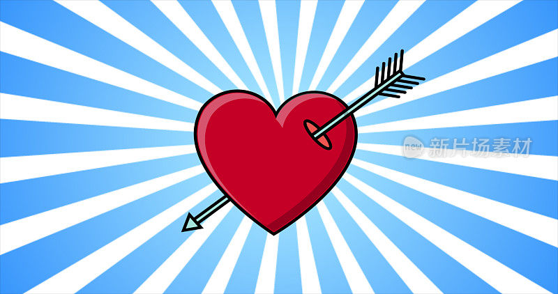情人节，丘比特的箭在蓝色光线的背景上刺穿了一颗喜庆的红色心脏。抽象的背景