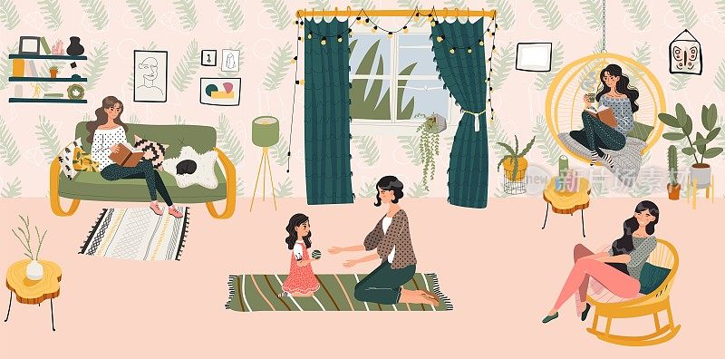 Hygge家居概念，妇女和女孩坐在斯堪的纳维亚风格的房间花时间在舒适的家庭平面矢量插图。