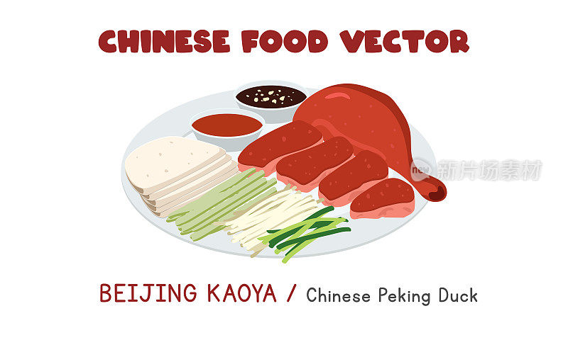 中国北京烤鸭-中国北京烤鸭平面矢量设计插图，剪纸漫画风格。亚洲食品。中国菜。中国食品