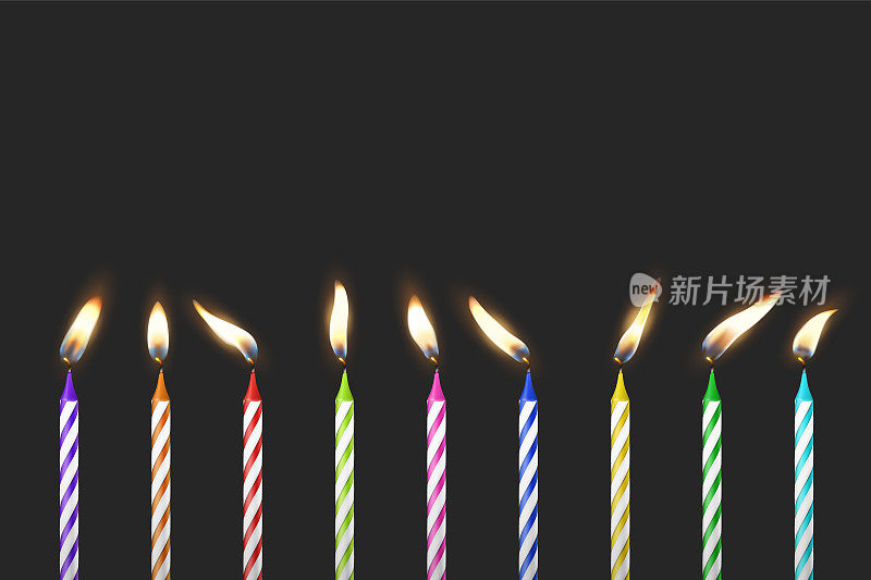 矢量3d现实石蜡或蜡燃烧的生日派对蜡烛和不同的火焰蜡烛图标集隔离在黑色背景。设计模板，剪贴画，生日概念