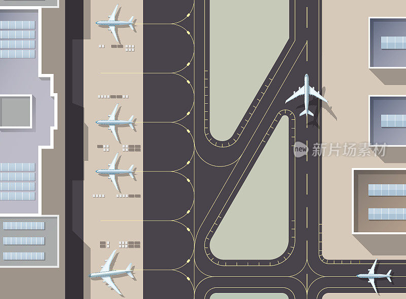 机场客运大楼及跑道俯视图。一个繁忙的机场候机楼的鸟瞰图。跑道:飞机的跑道建筑物，飞机机库。向量llustration