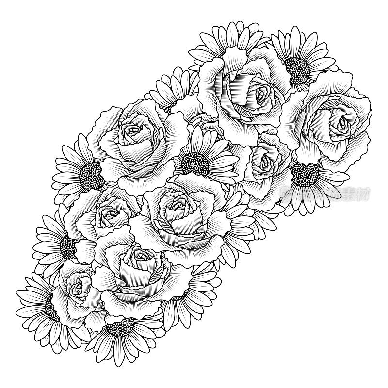 雏菊花和玫瑰花成人涂色书页面设计的矢量剪贴艺术