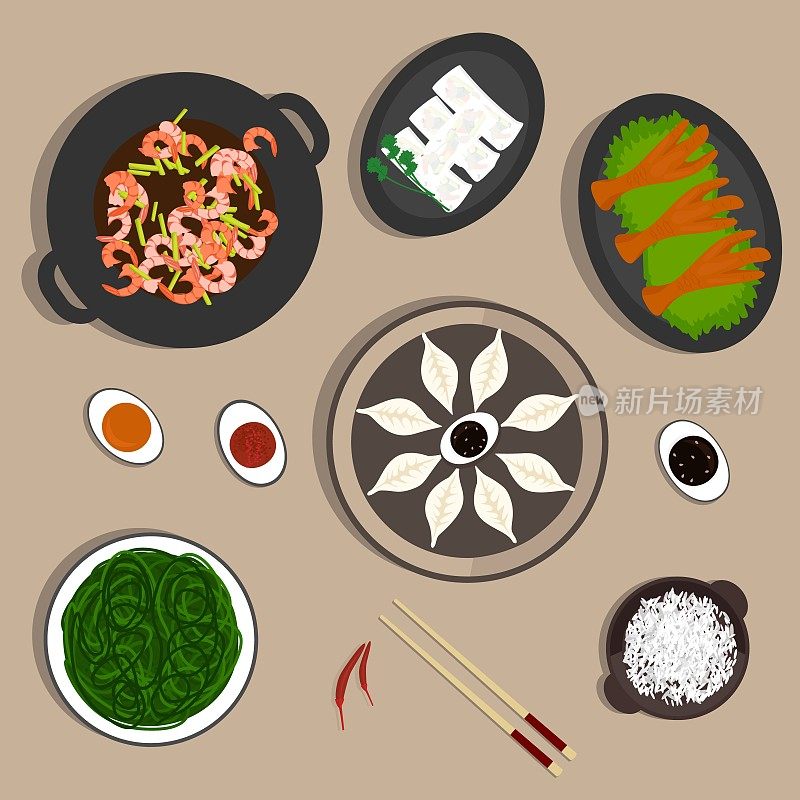 中国民族菜肴矢量图，蔬菜鸡腿煎饼，炸虾，饺子，海羽衣甘蓝和米饭。