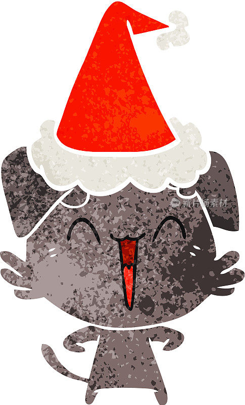 快乐的小狗手画复古卡通戴着圣诞老人的帽子