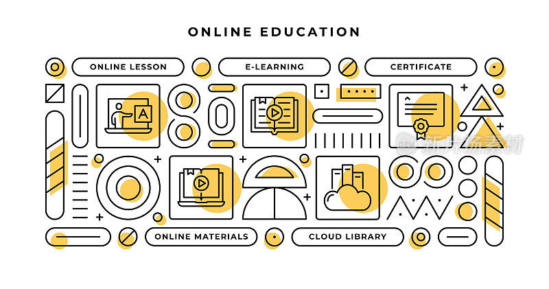 在线教育信息图表概念与几何形状和在线课程，电子学习，证书，云图书馆线图标