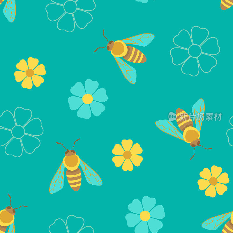 蓝色背景上有蜜蜂和花朵。矢量无缝弹簧图案。卡通花卉插图。