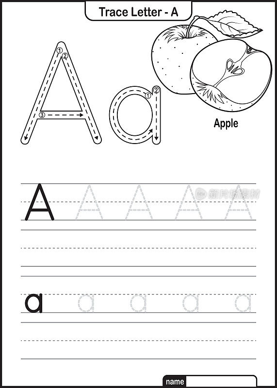 字母描摹字母A到Z学龄前工作表与字母A苹果Pro矢量