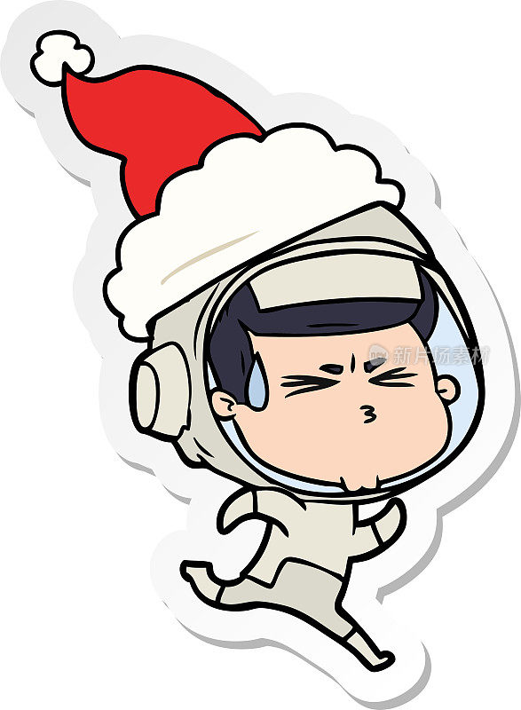 手绘的卡通贴纸，一个宇航员戴着圣诞老人的帽子