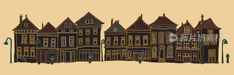 童话般的荷兰住宅建筑草图，街道立面全景图