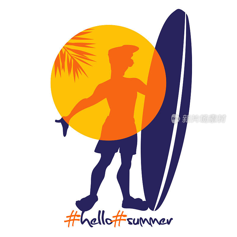 年轻人与冲浪板的背景下，太阳在日落与棕榈叶在一个孤立的白色背景。平面插图剪影。