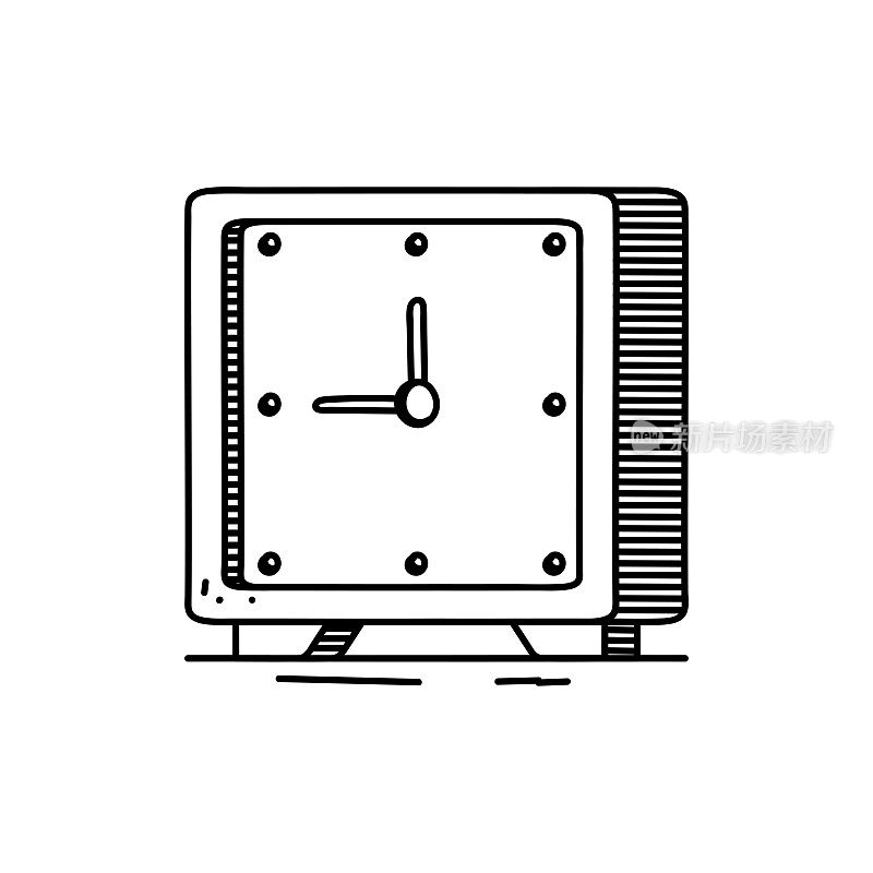 桌面时钟线图标，草图设计，像素完美，可编辑笔触。标志、标志、符号。时间管理，时间，月。