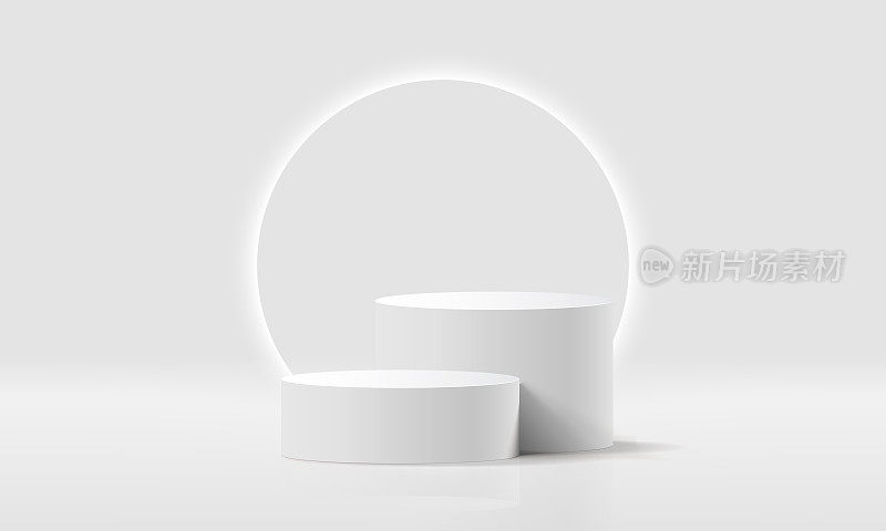 白色逼真的三维圆柱基座基座与圆形霓虹灯背景。抽象矢量绘制几何。产品展示展示。最小的场景。社交媒体发布背景。