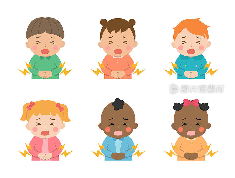 可爱的孩子与胃痛或肠胃炎，不同的种族和颜色，矢量插图在卡通风格