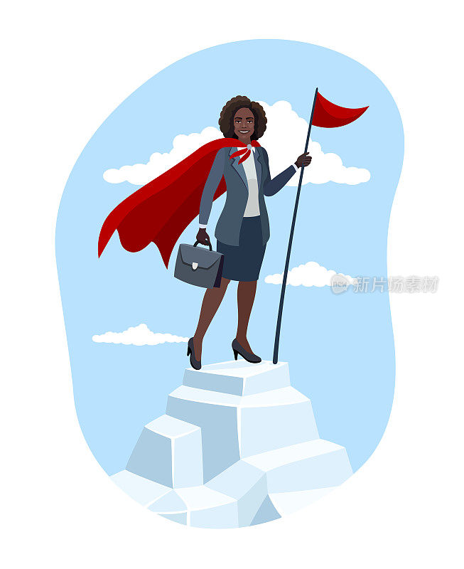 非裔美国女商人在山顶手持红旗。成功。领导。女超人。