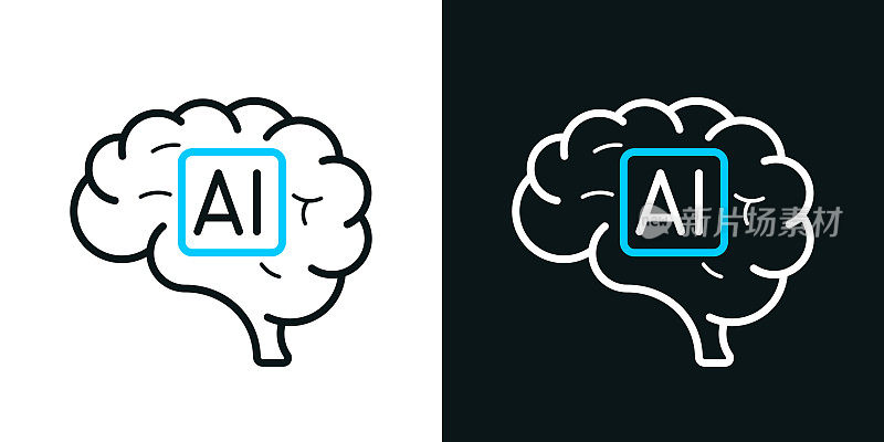 人脑与人工智能AI。黑色或白色背景上的双色线图标-可编辑的笔画