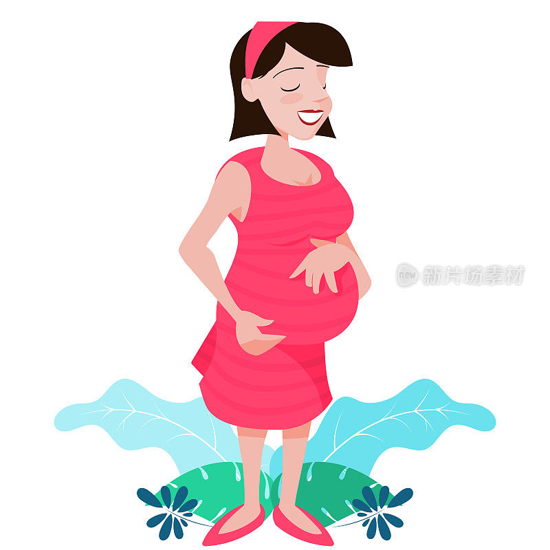 一个愉快的孕妇摸着自己的肚子。期待一个男孩或女孩。