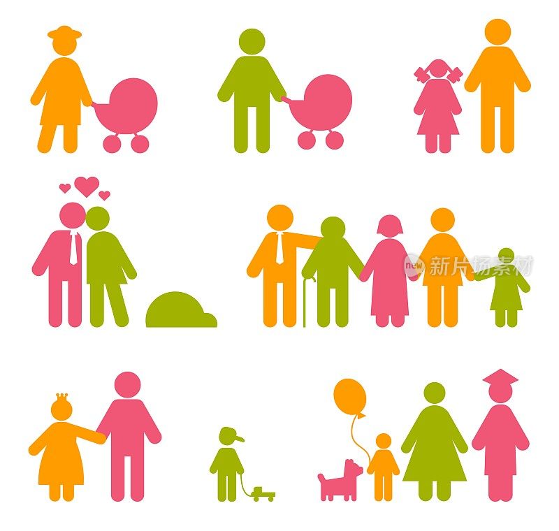 彩色家庭图标。社交生活的标志。伙伴关系和童年。情侣之间的浪漫关系。母性和爱。带孩子的父母。矢量亲子剪影象形图集