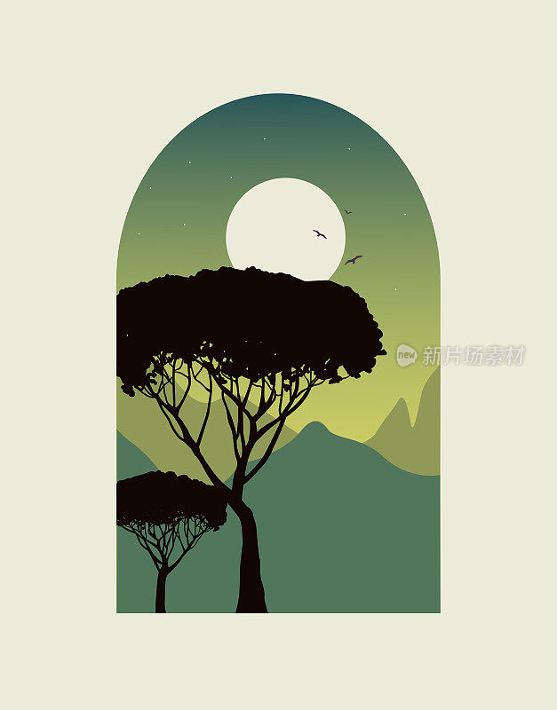 树木剪影和山脉的插图