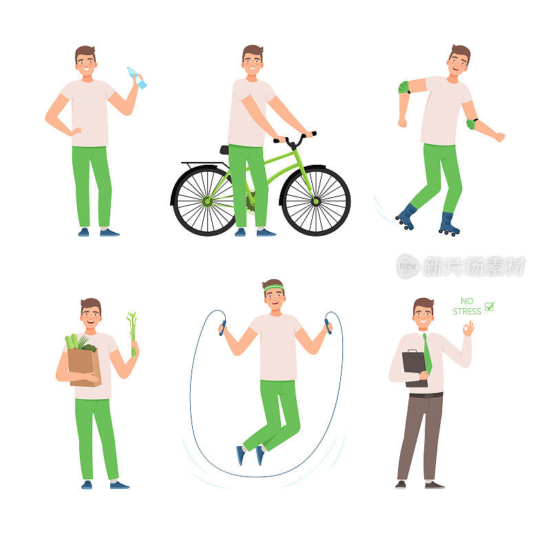 积极健康的生活方式。男子骑自行车，喝水，滑旱冰，跳绳，吃健康有机食品卡通向量